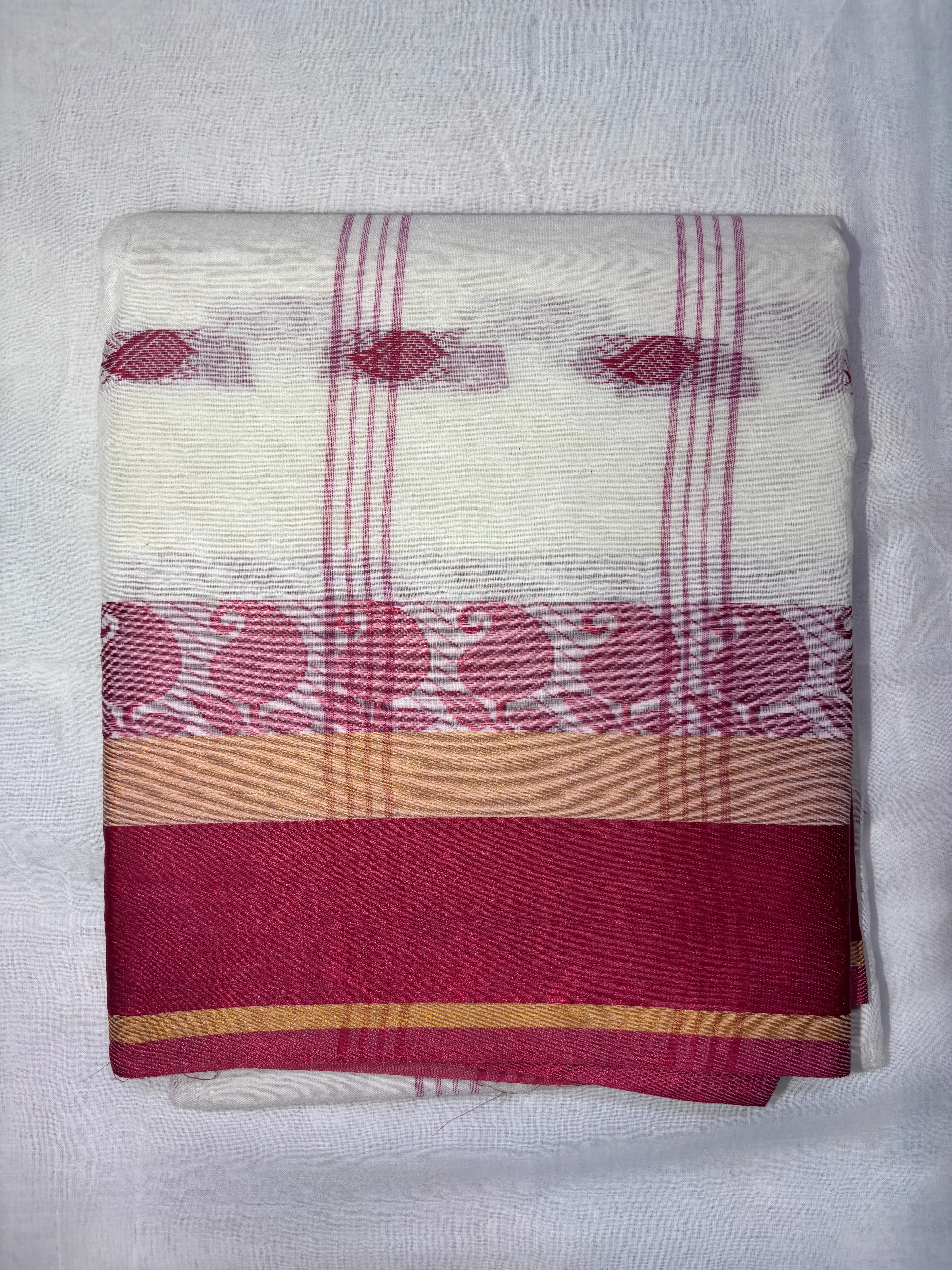 Santipuri Tant Pure Cotton Saree in Red and Off-White