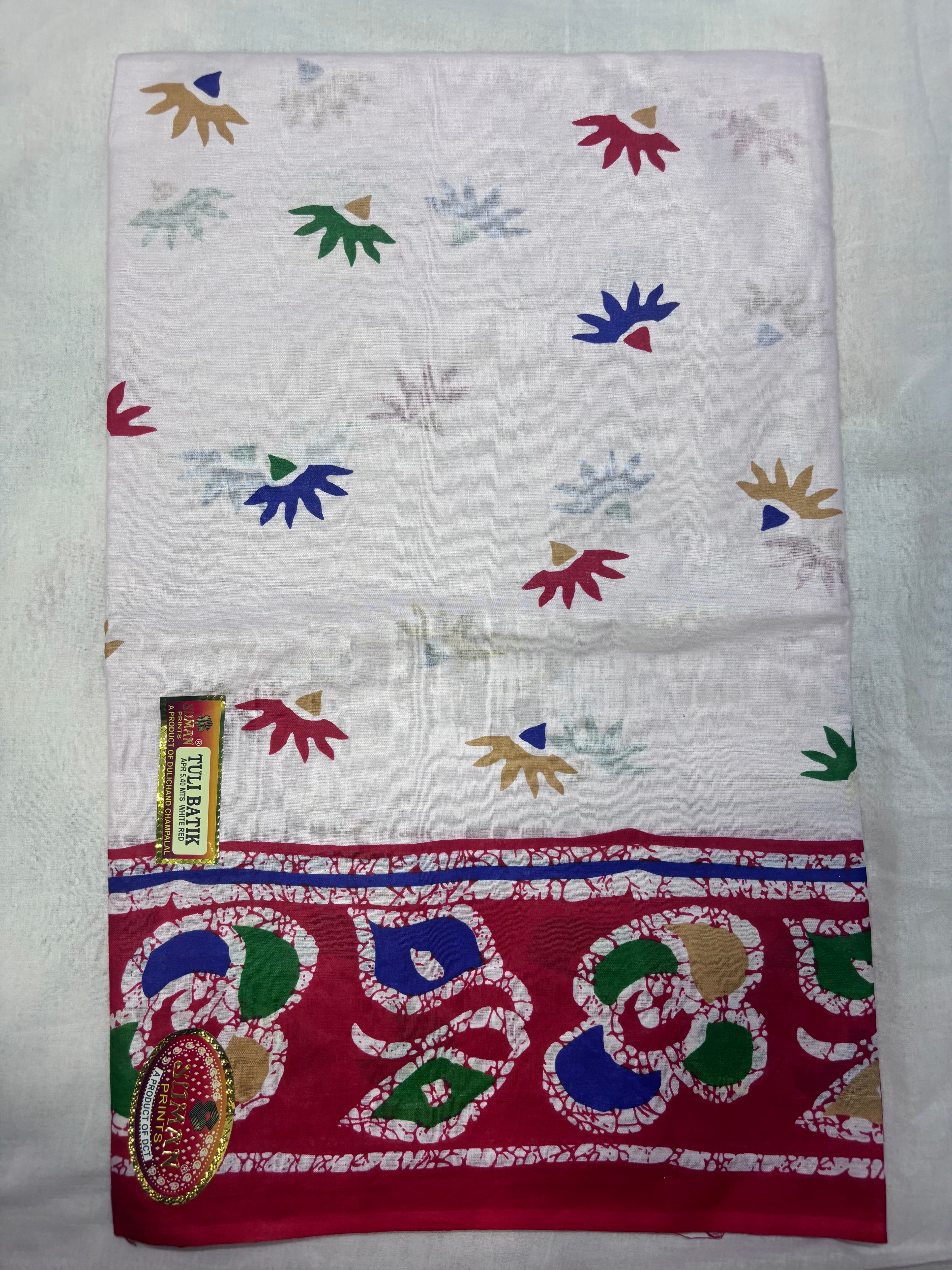 Batik White and Red Pure Cotton Saree