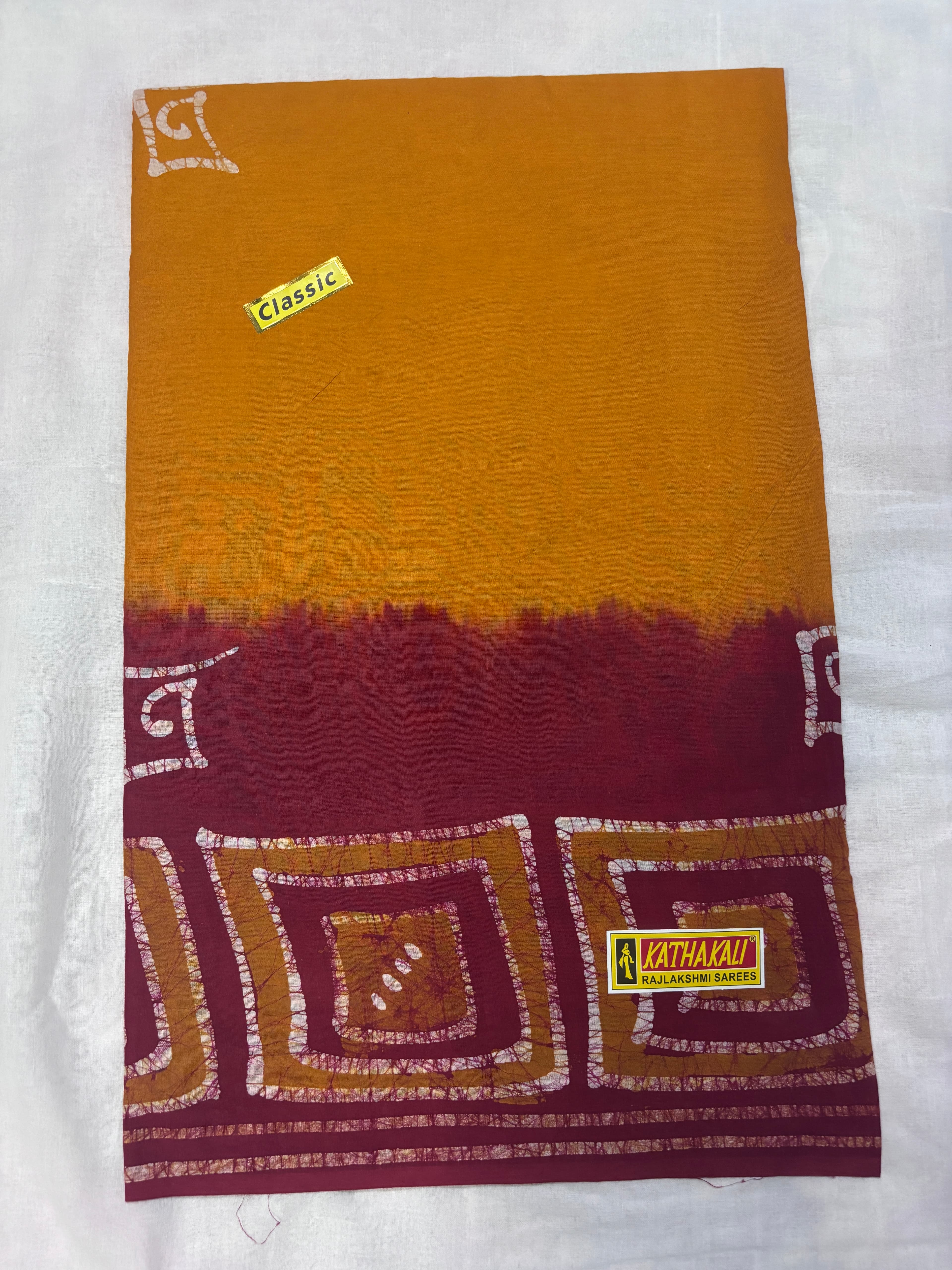Kathakali Batik Pure Cotton Saree in Red and Yellow